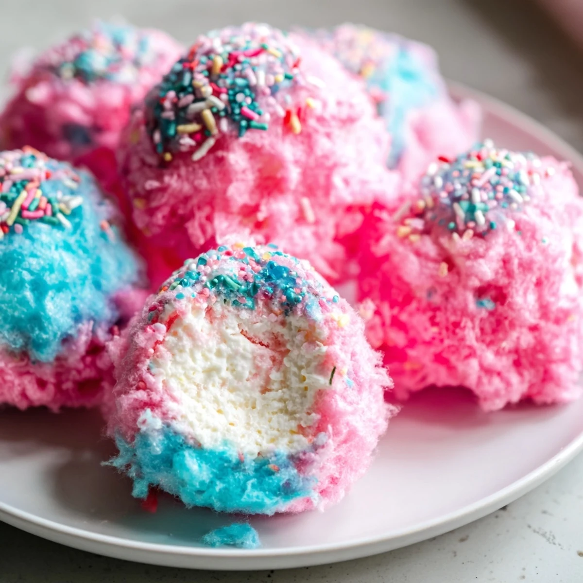 Bite-sized Mini Cotton Candy Cheesecake Puff Balls dusted with colorful sprinkles for a whimsical party dessert display
