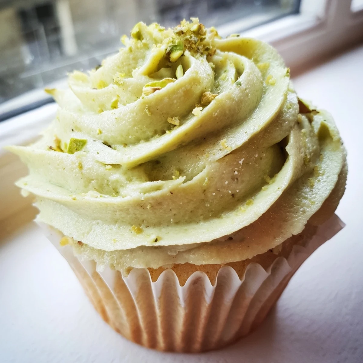 Moist pistachio cupcakes with fluffy nutty frosting garnished with crushed emerald pistachio bits