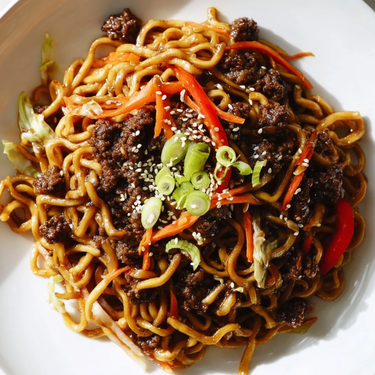 Asian ground beef noodles tossed with colorful vegetables in a savory glossy sauce