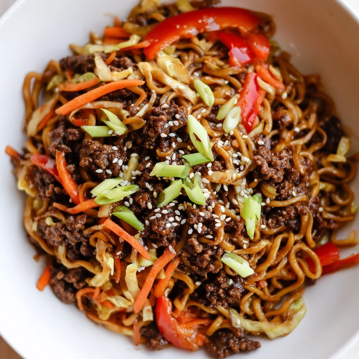 Steaming plate of Asian ground beef noodles topped with sesame seeds and scallions