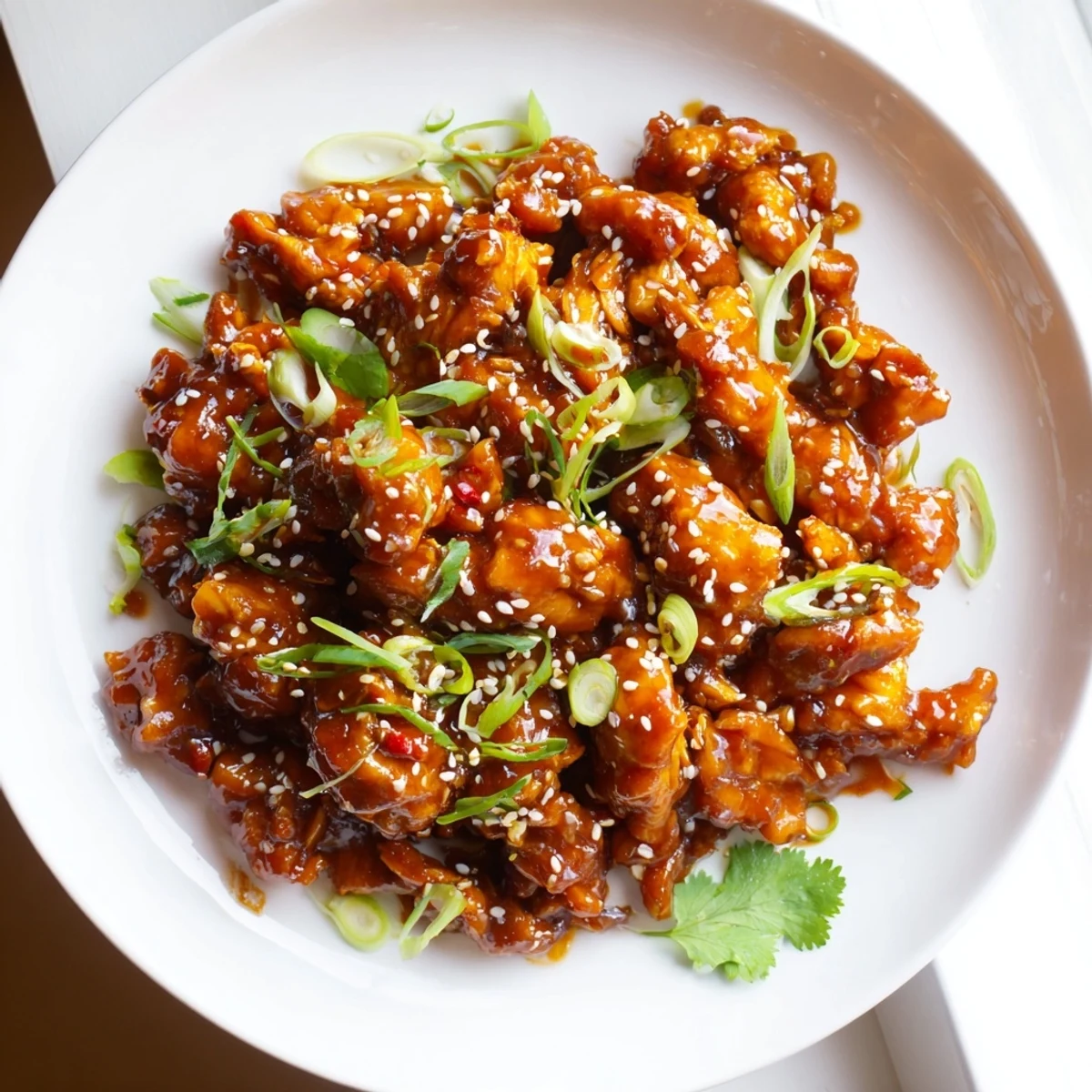 Shredded slow cooker sweet chili chicken topped with green onions and cilantro