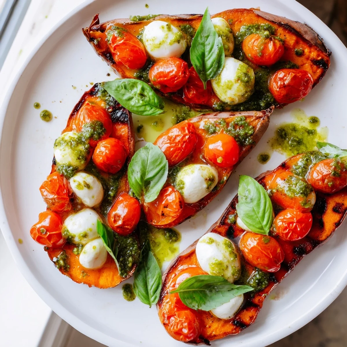 Golden roasted sweet potatoes topped with tomatoes, mozzarella, and vibrant green pesto
