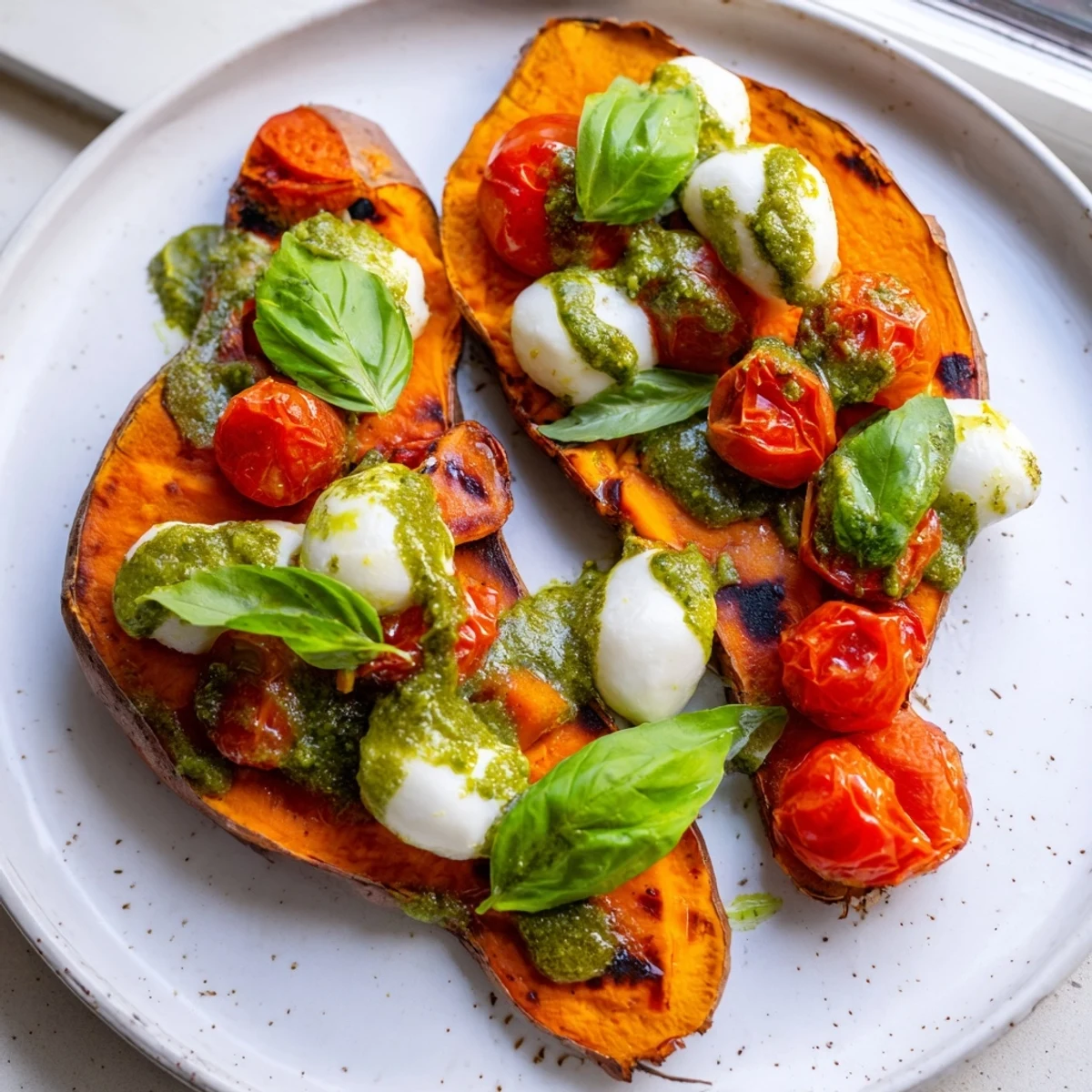 Creamy mozzarella and juicy tomatoes melt over tender caramelized sweet potato halves