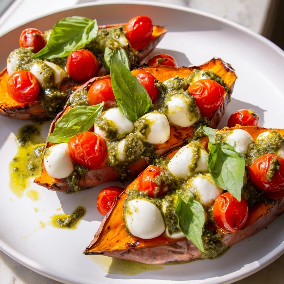 Summer sweet potatoes with tomatoes mozzarella pesto drizzled on a rustic white platter