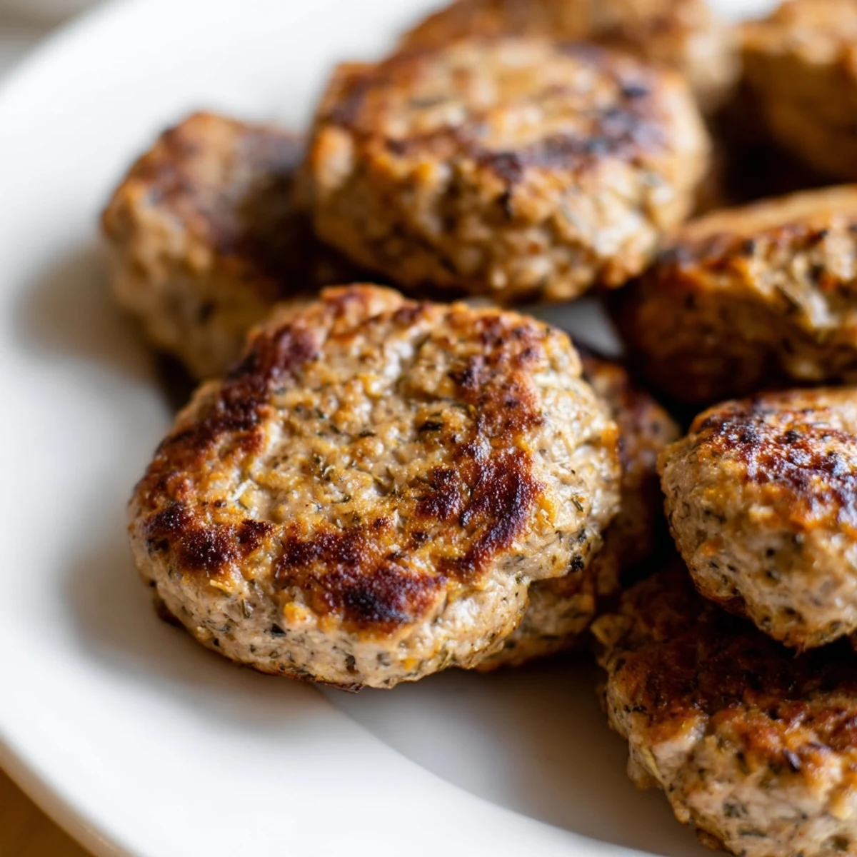 Golden brown ground turkey sausage patties sizzling in a cast iron skillet