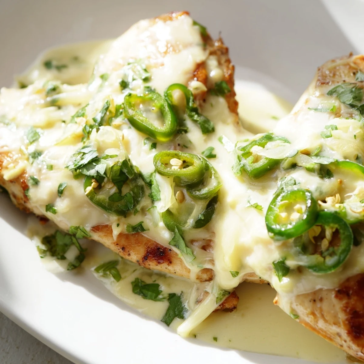 Golden jalapeno chicken breasts smothered in creamy melted cheese sauce with tender sliced peppers