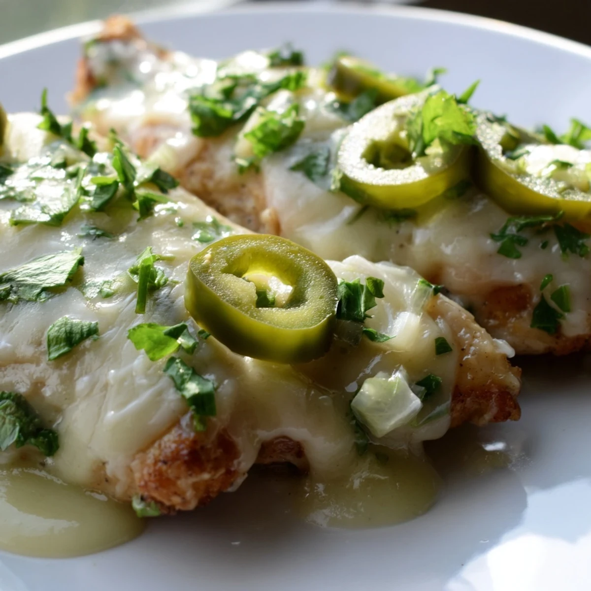 Spicy jalapeno chicken skillet with rich garlic cream sauce topped with fresh green cilantro