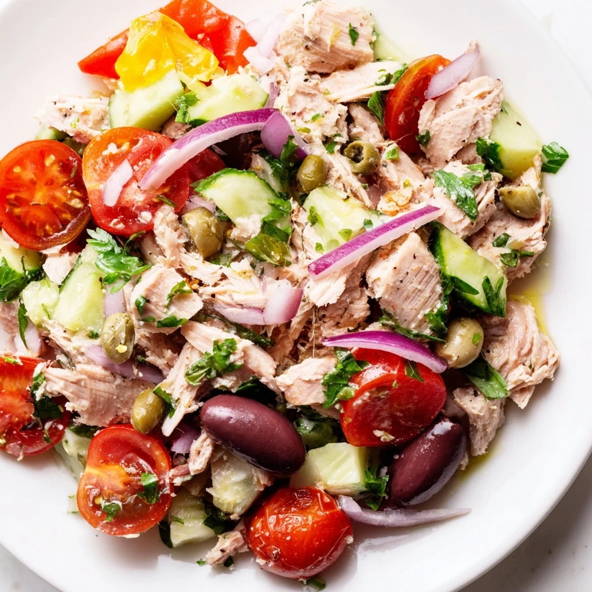 Simple Mediterranean Tuna Salad in a white bowl with cherry tomatoes and olives