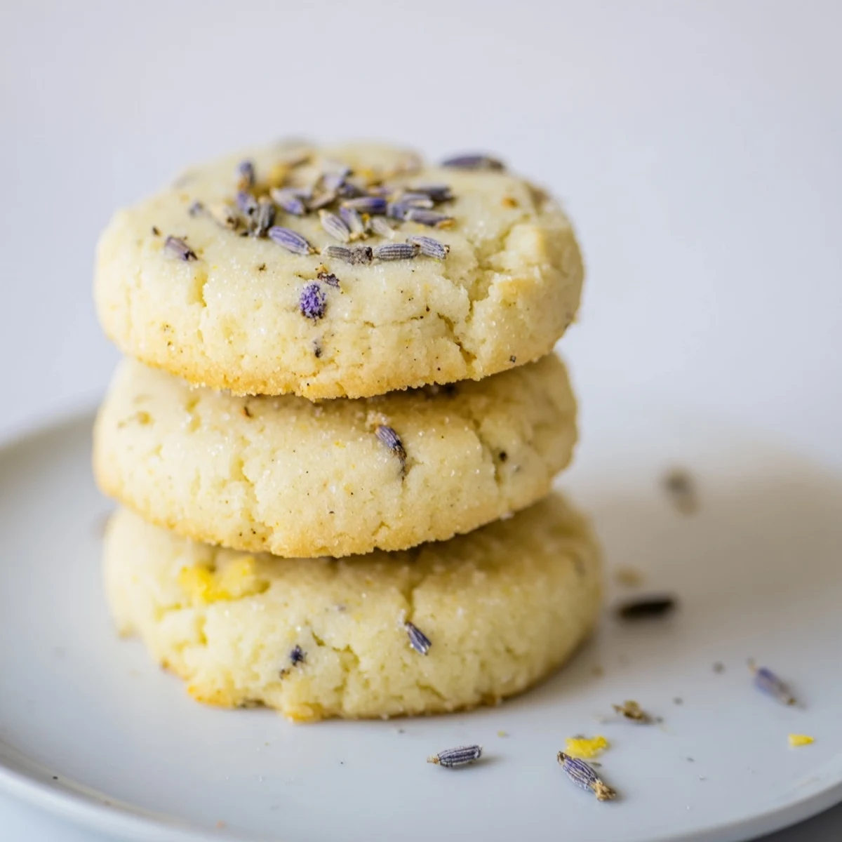Golden Lemon Lavender Cookies with slightly crisp edges arranged on a rustic white ceramic plate