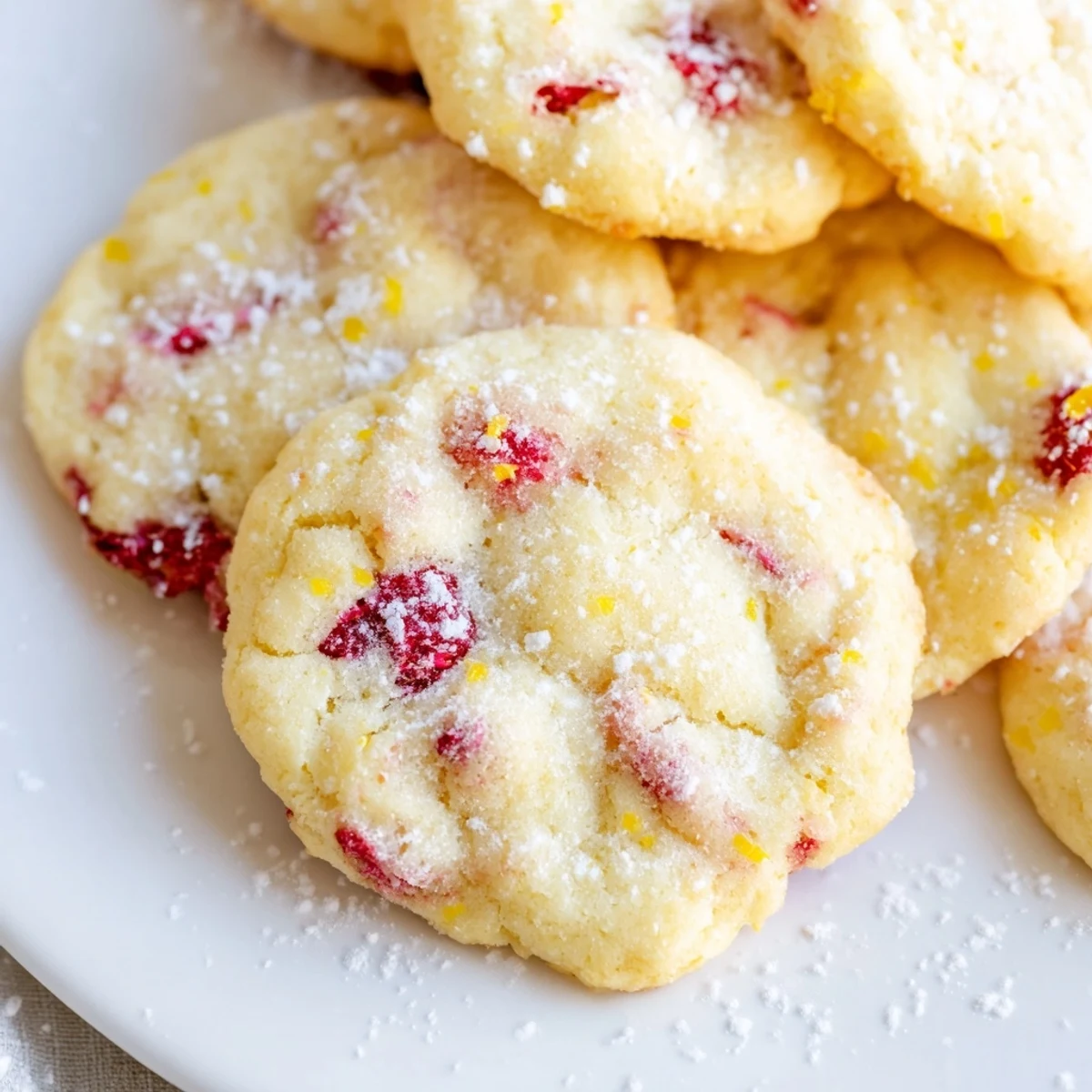 Soft Lemon Raspberry Cookies with golden edges and ruby berry pieces on rustic parchment