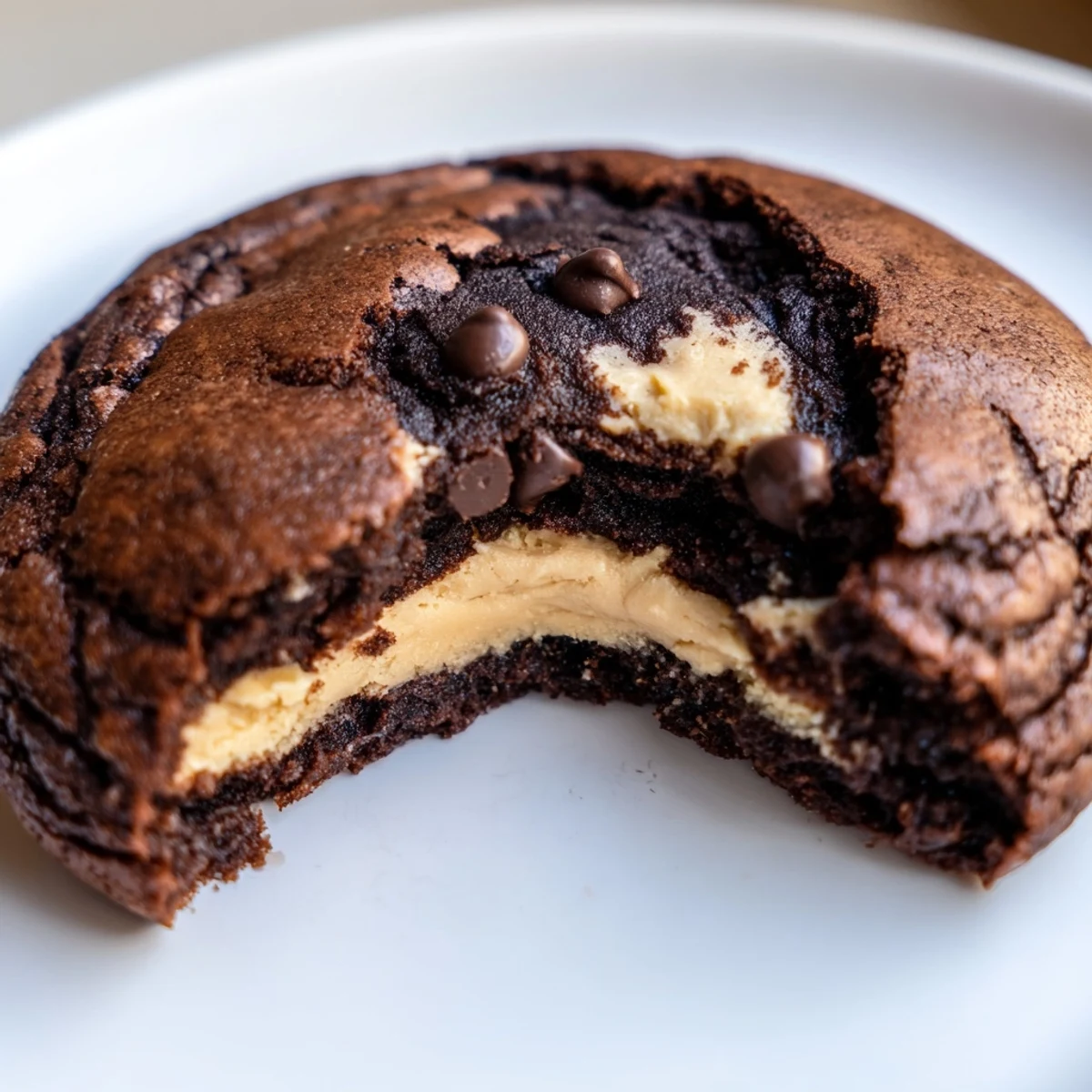 Crackly topped fudgy brownie cookies stuffed with cookie dough reveal gooey chocolate chip centers when broken open