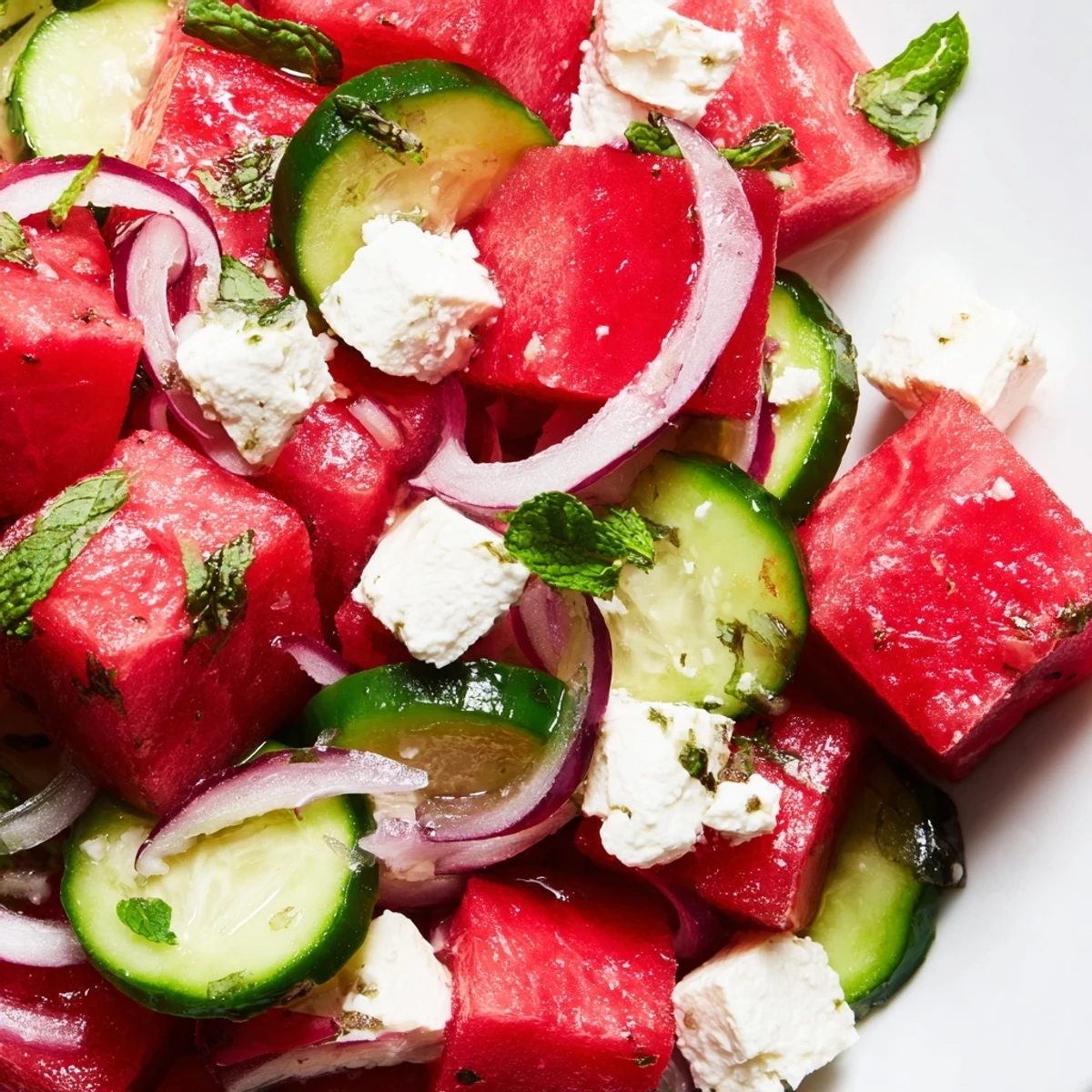 Fresh watermelon feta salad with crisp cucumber and red onion on white plate