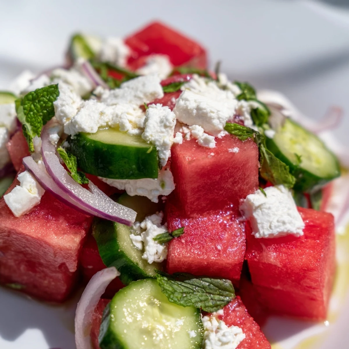 Cubed watermelon feta salad topped with crumbled cheese and torn fresh mint leaves