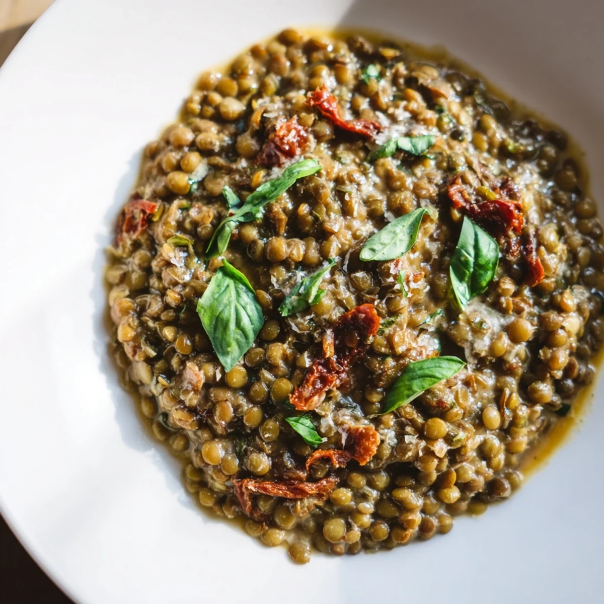Creamy Marry Me Lentils in rich sun-dried tomato sauce topped with fresh basil garnish