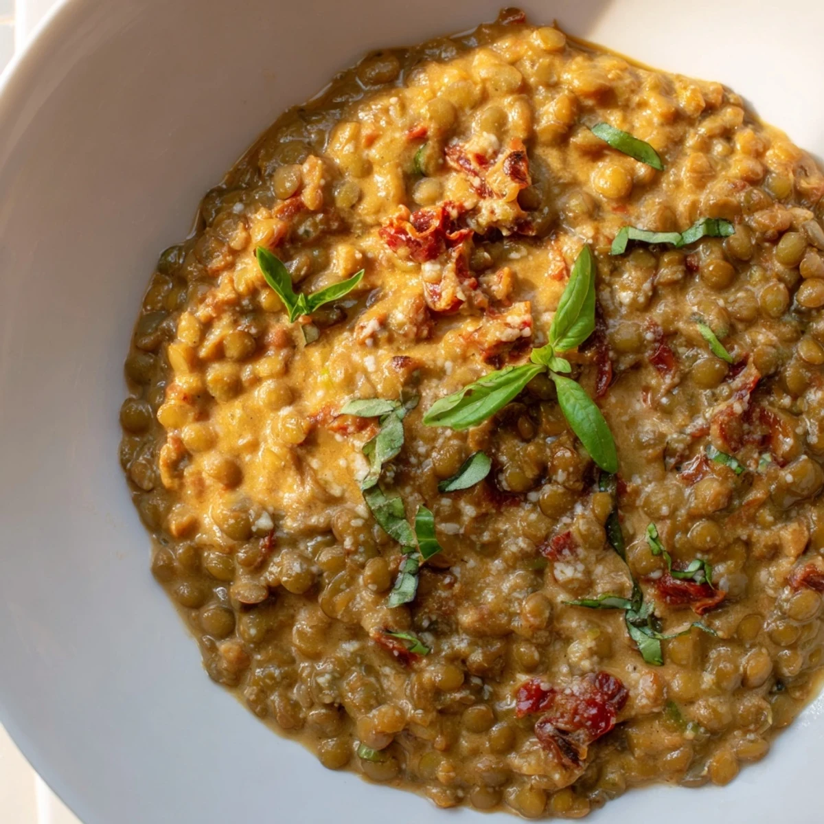 Steaming bowl of Marry Me Lentils with velvety tomato cream sauce and parmesan
