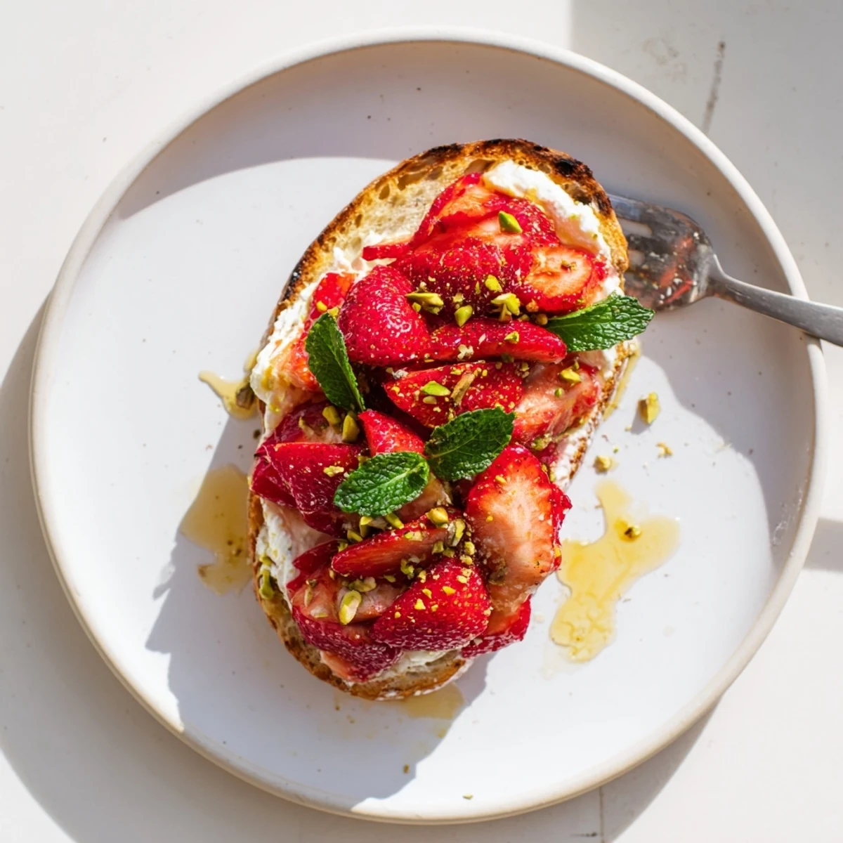 Creamy whipped ricotta tops crispy toast layered with sweet roasted strawberries and honey drizzle