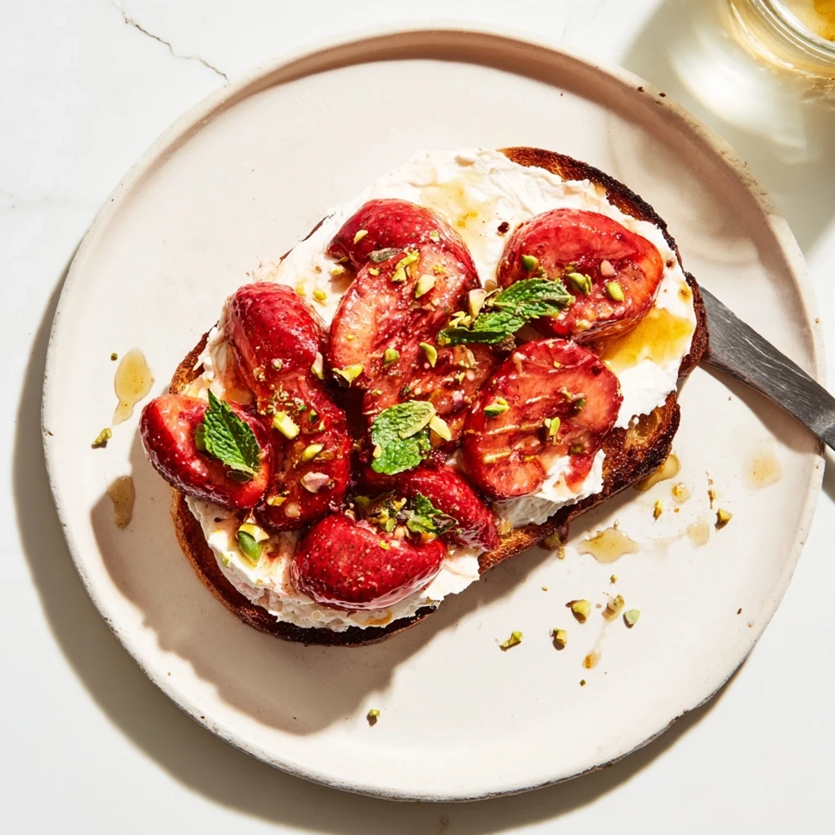 Roasted Strawberry Whipped Ricotta Toast on rustic sourdough topped with fresh mint garnish