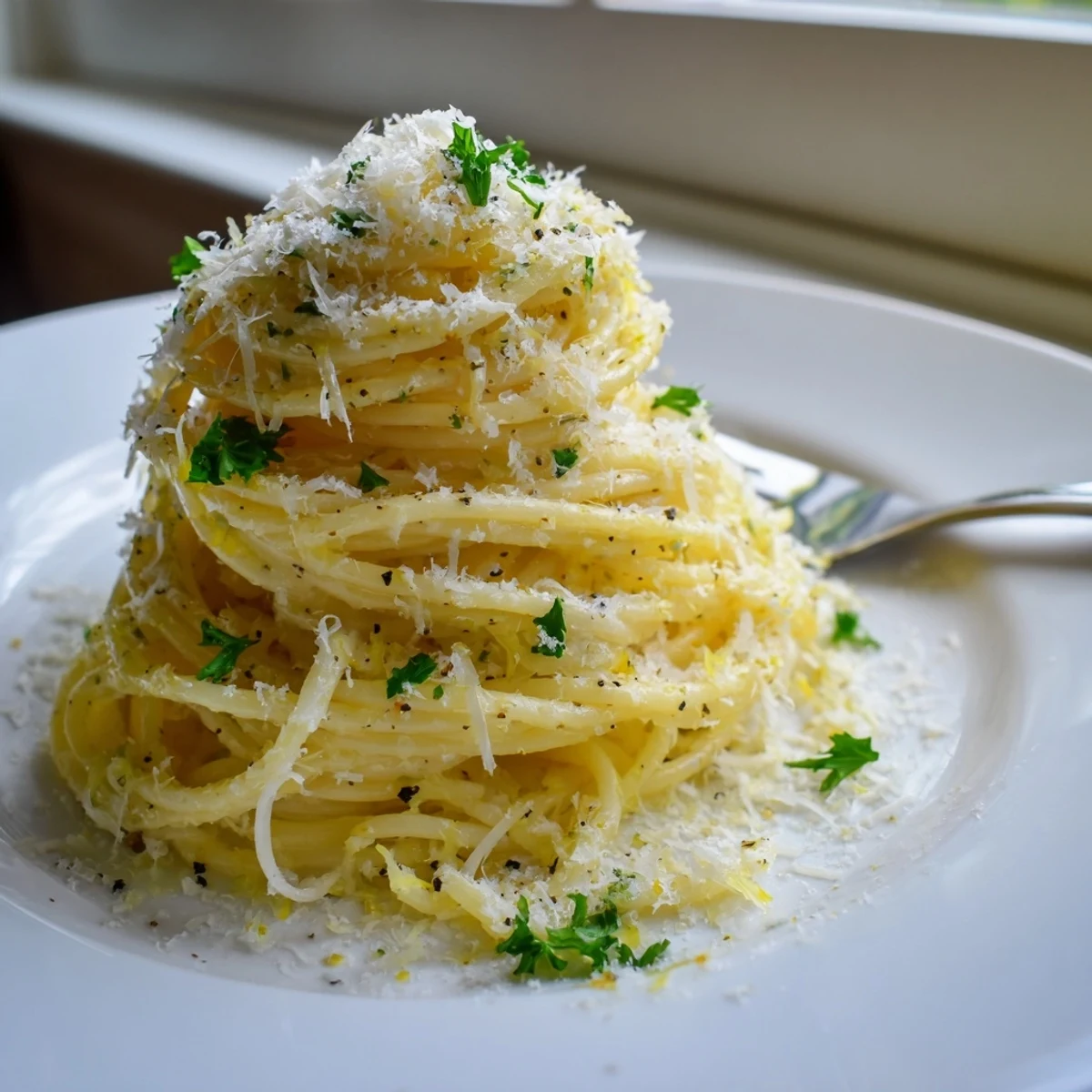 Creamy Parmesan lemon pasta tossed with butter and fresh herbs in a skillet
