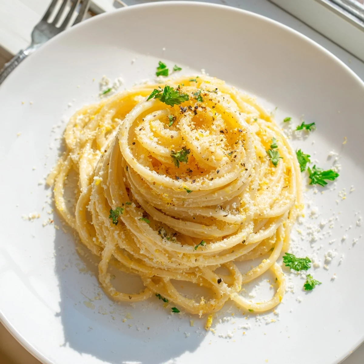 Golden spaghetti coated in zesty Parmesan lemon sauce with flecks of fresh parsley