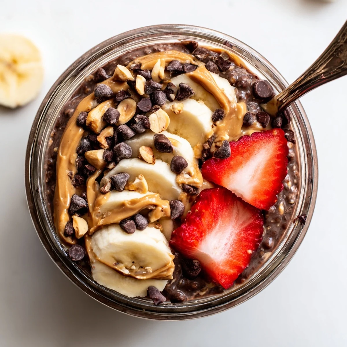 Creamy chocolate peanut butter overnight oats topped with chocolate chips and chopped peanuts in a mason jar
