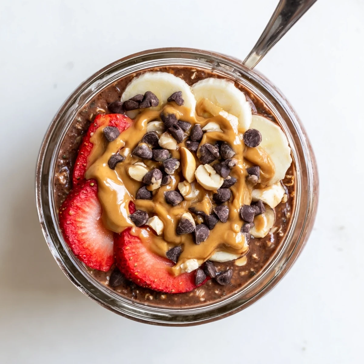 Thick chocolate peanut butter overnight oats served in a jar with banana slices and a sprinkle of cocoa