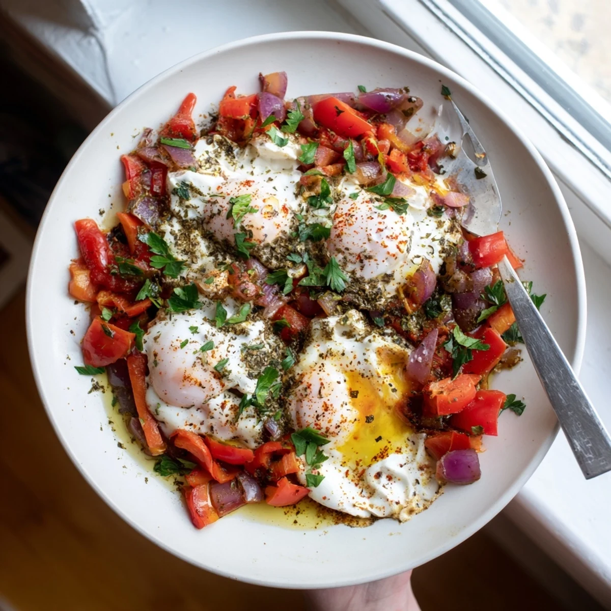 Creamy baked feta eggs with colorful peppers and tomatoes in a cast iron skillet