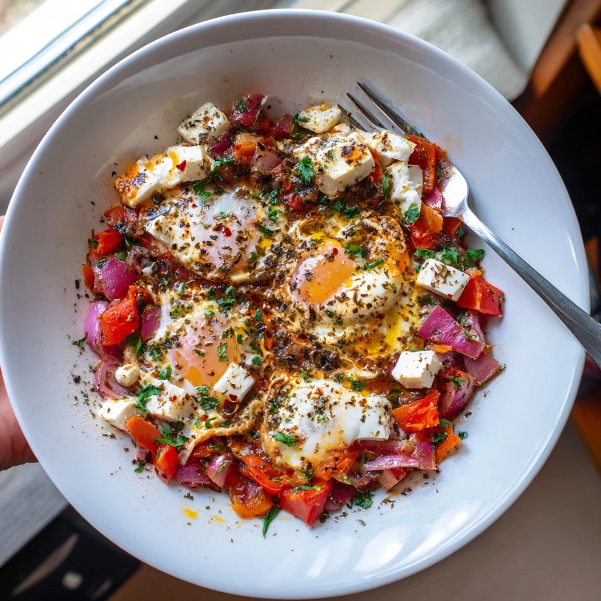 Golden egg yolks nestled in Mediterranean baked feta with sautéed vegetables and herbs