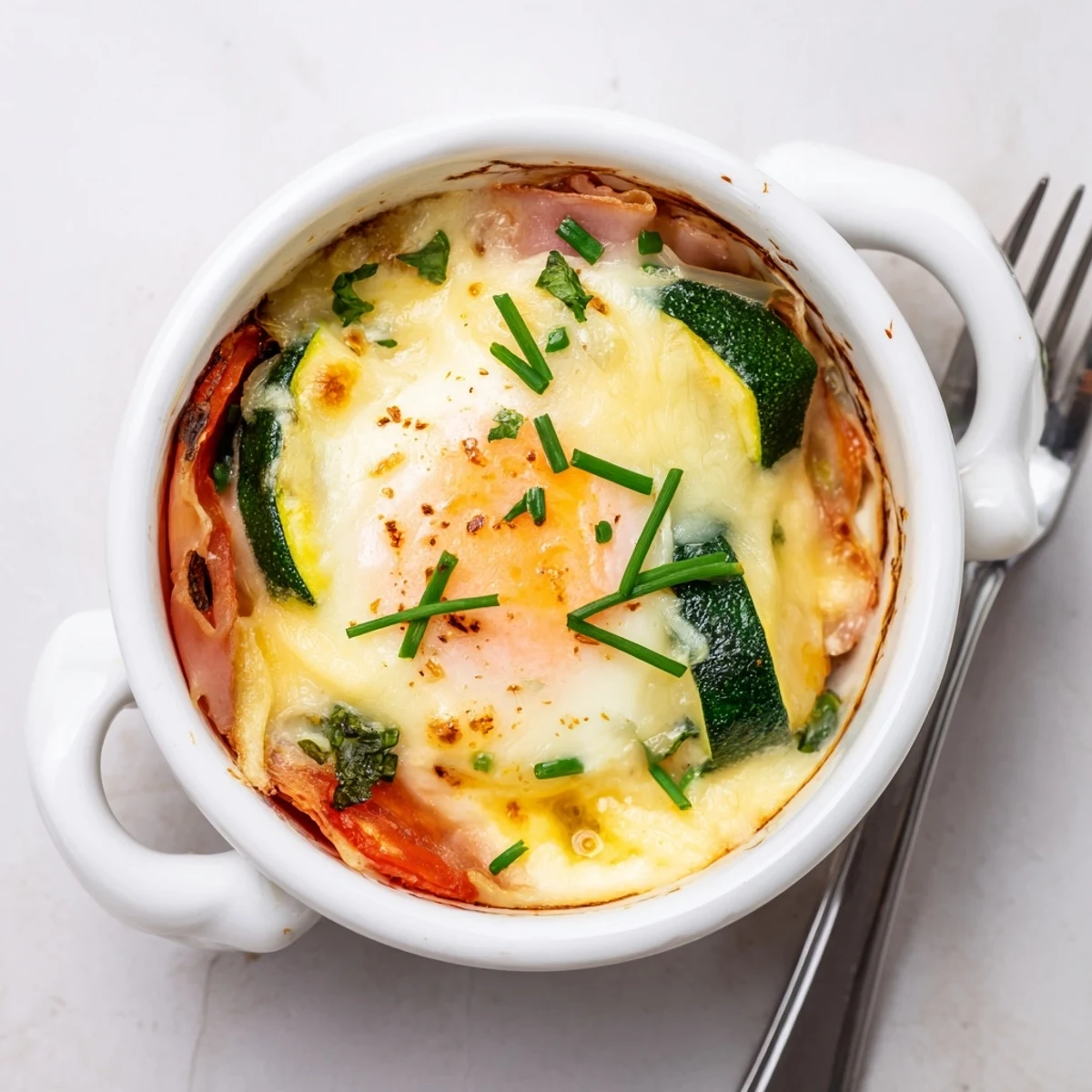 Golden baked eggs Napoleon with runny yolks atop layered ham spinach and creamy Gruyère sauce