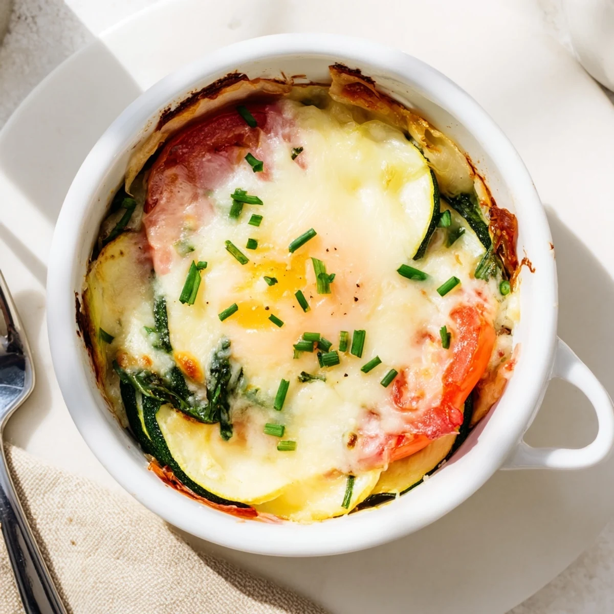 Creamy baked eggs Napoleon in ramekins with tender vegetables ham and golden cheese sauce
