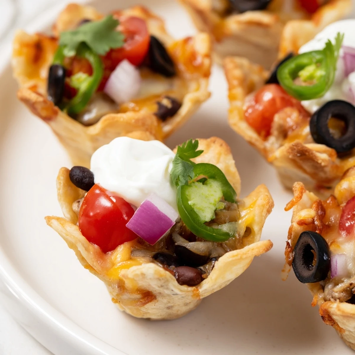 Golden cheesy nacho cups with melted cheese and colorful toppings in a mini muffin tin.