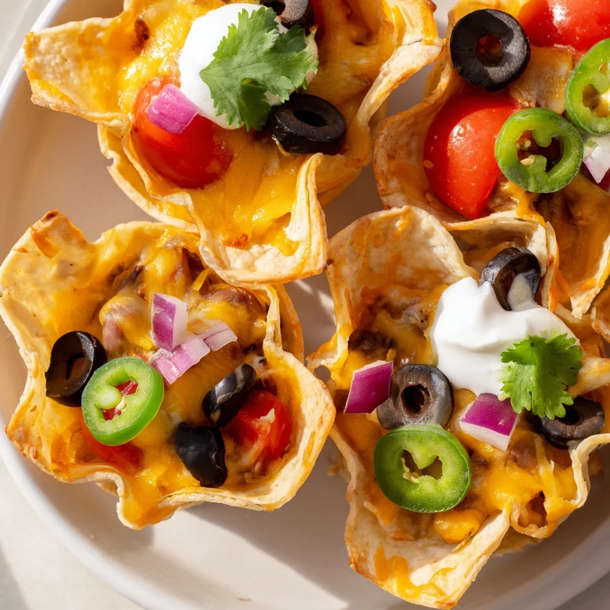 Crispy tortilla cups loaded with gooey cheddar beans and fresh garnishes ready to serve.