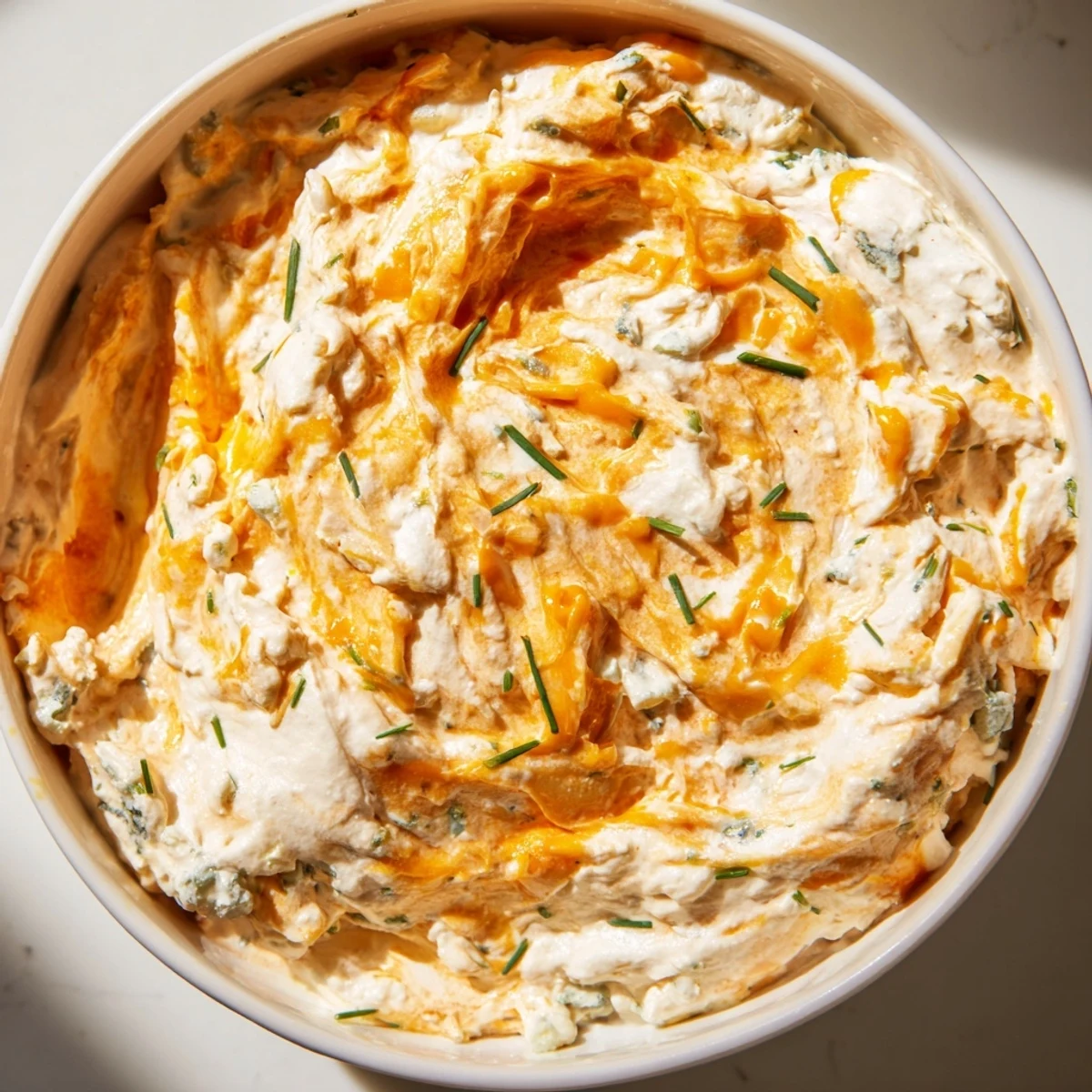 Creamy buffalo pickle dip in a serving bowl surrounded by crunchy chips and fresh veggie sticks