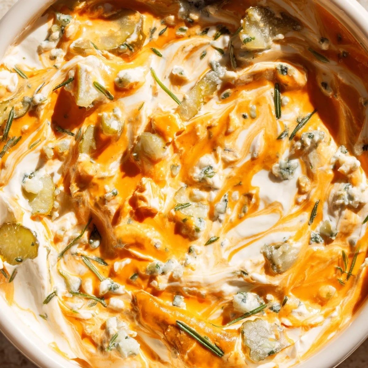 Tangy buffalo pickle dip topped with cheddar cheese and fresh chives in a white ceramic dish