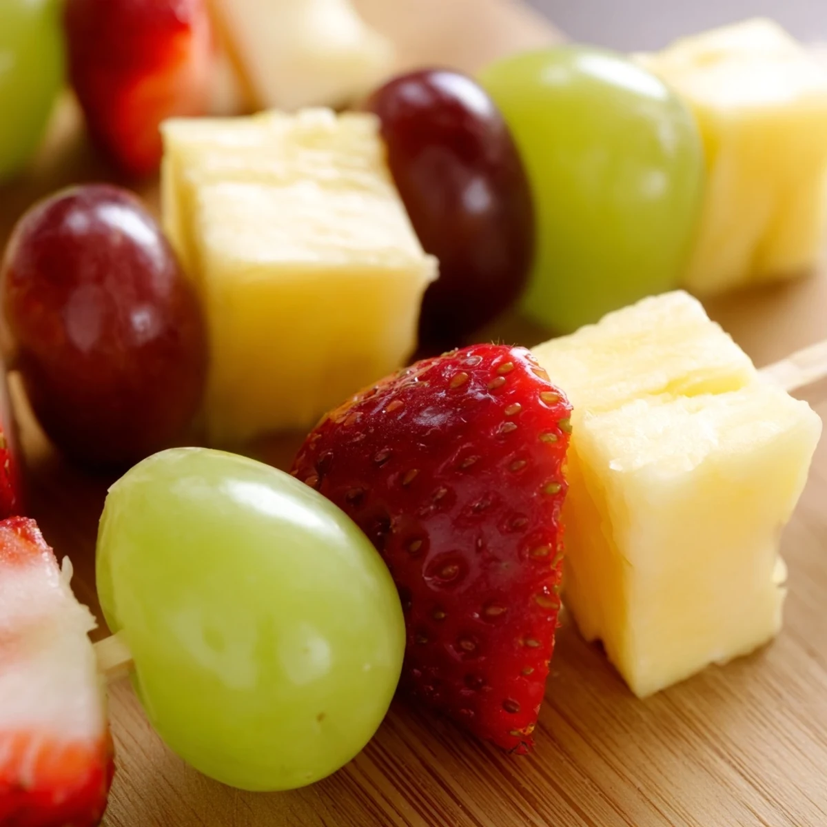 Colorful fruit and cheese kabobs arranged on a platter with red grapes strawberries pineapple and cheddar cubes