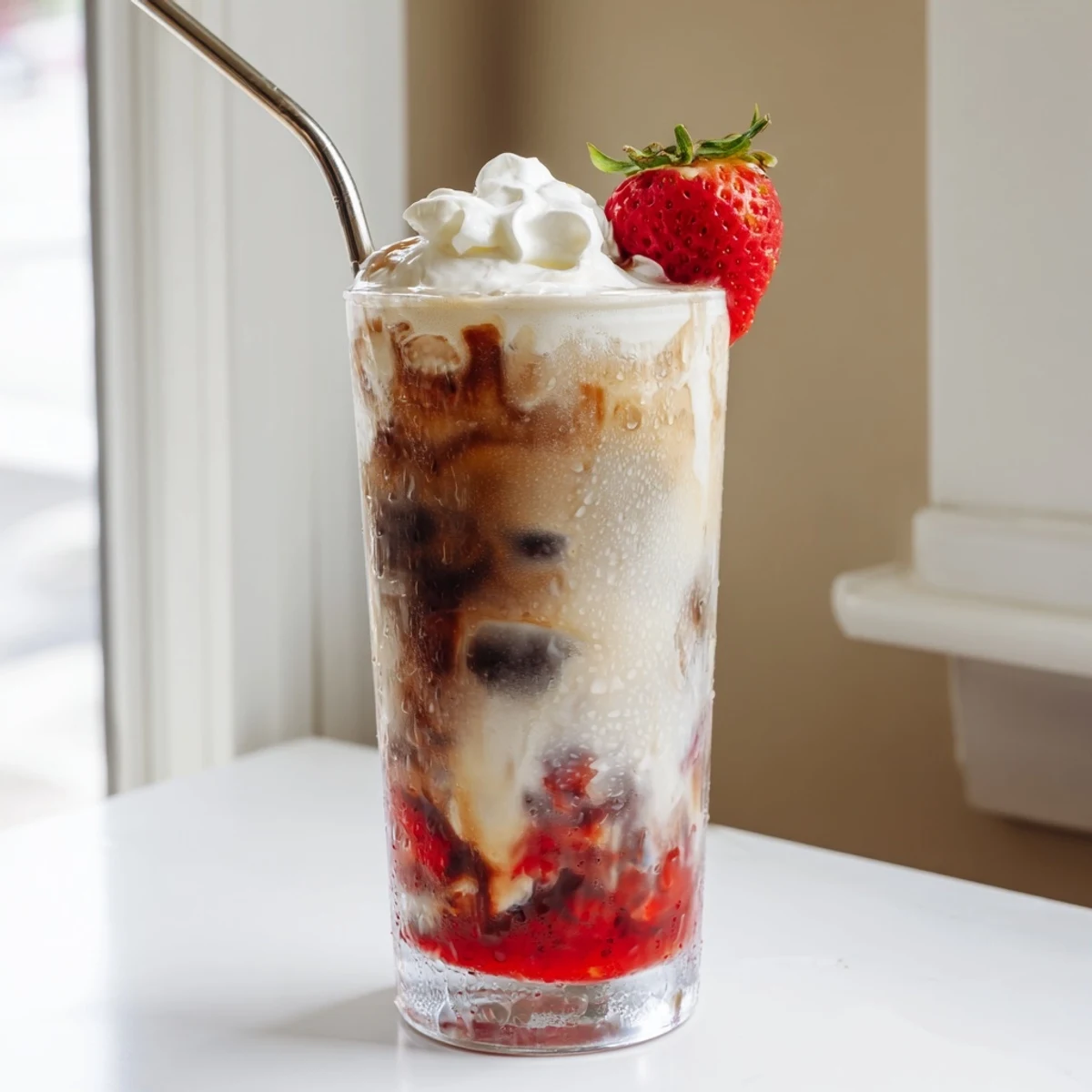 Creamy strawberry cold latte in a tall glass with marbled coffee layers on ice