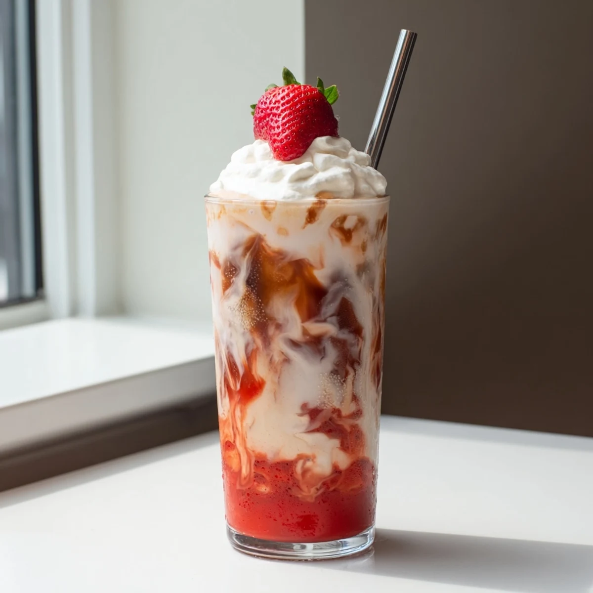 Refreshing strawberry cream latte topped with fluffy whipped cream and fresh berry garnish