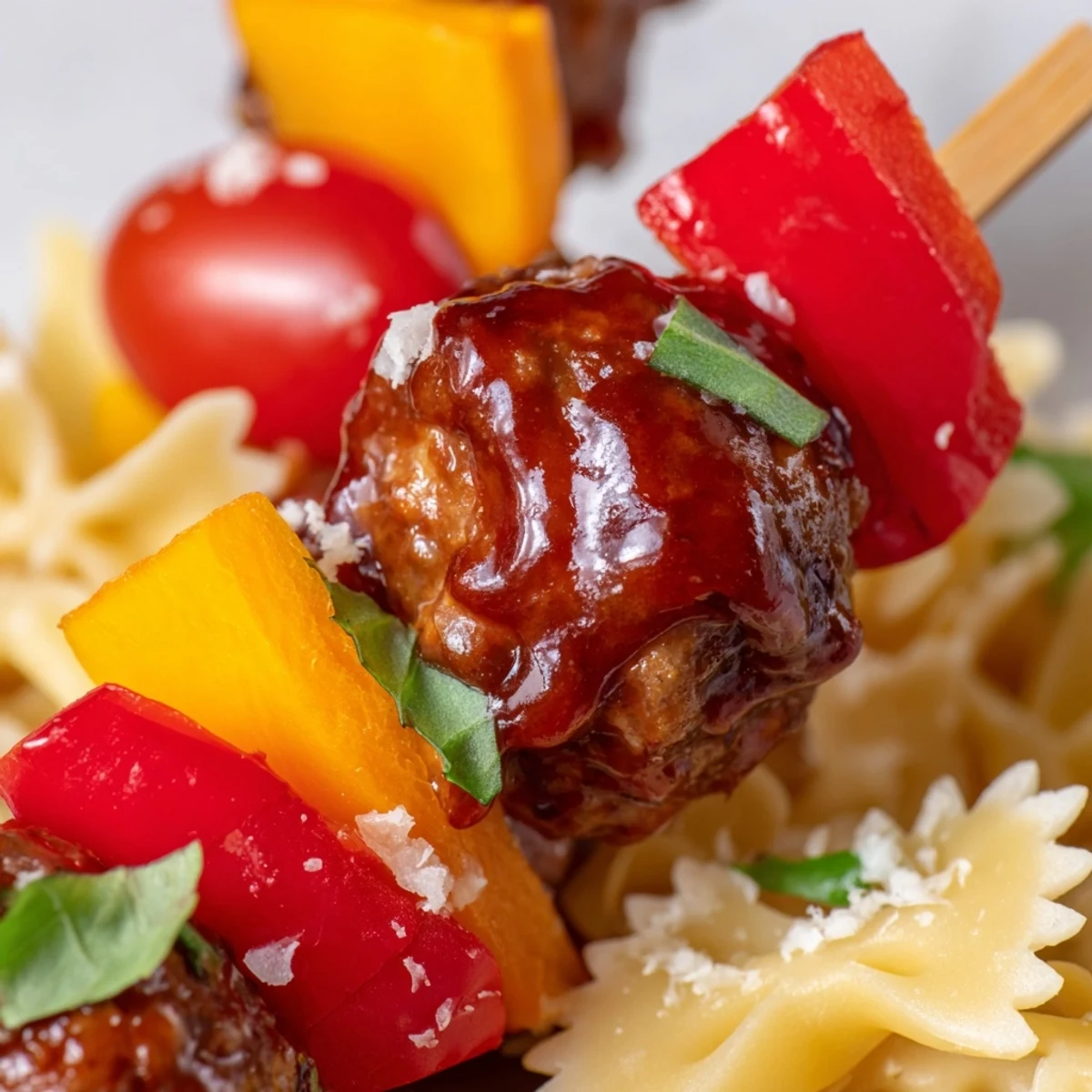 Colorful bowtie pasta and cocktail meatball skewers drizzled with glossy barbecue sauce on a platter
