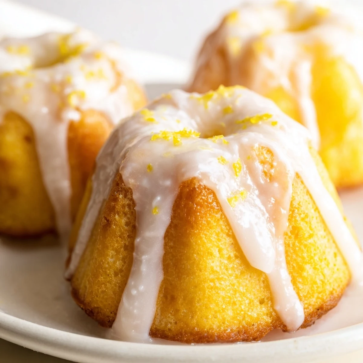 Golden mini lemon cakes drizzled with tangy glaze on a white serving plate
