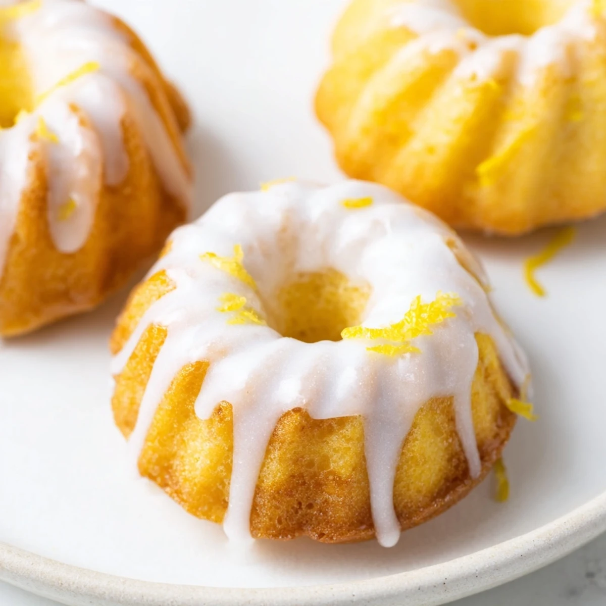 Moist mini lemon cakes topped with powdered sugar glaze and fresh zest