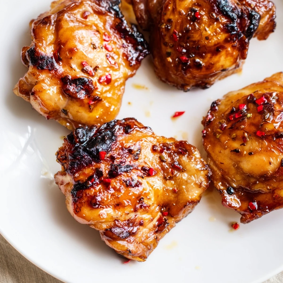 Golden crispy chicken thighs glistening with killer chicken thigh marinade on a rustic wooden board