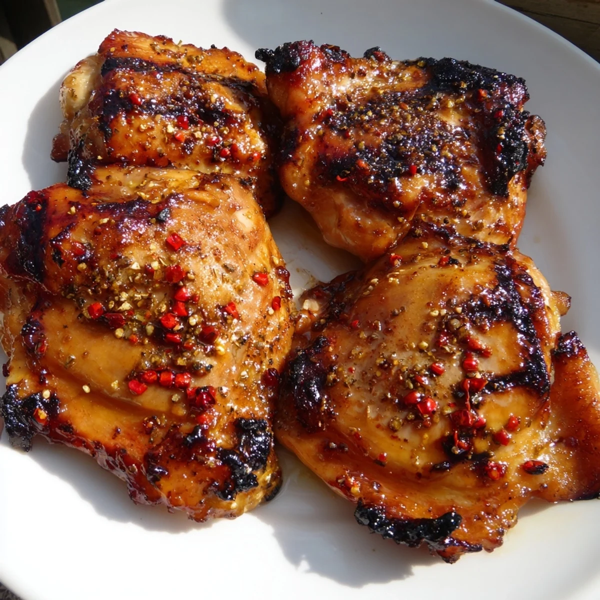 Juicy grilled chicken thighs coated in killer chicken thigh marinade with caramelized herb-flecked skin