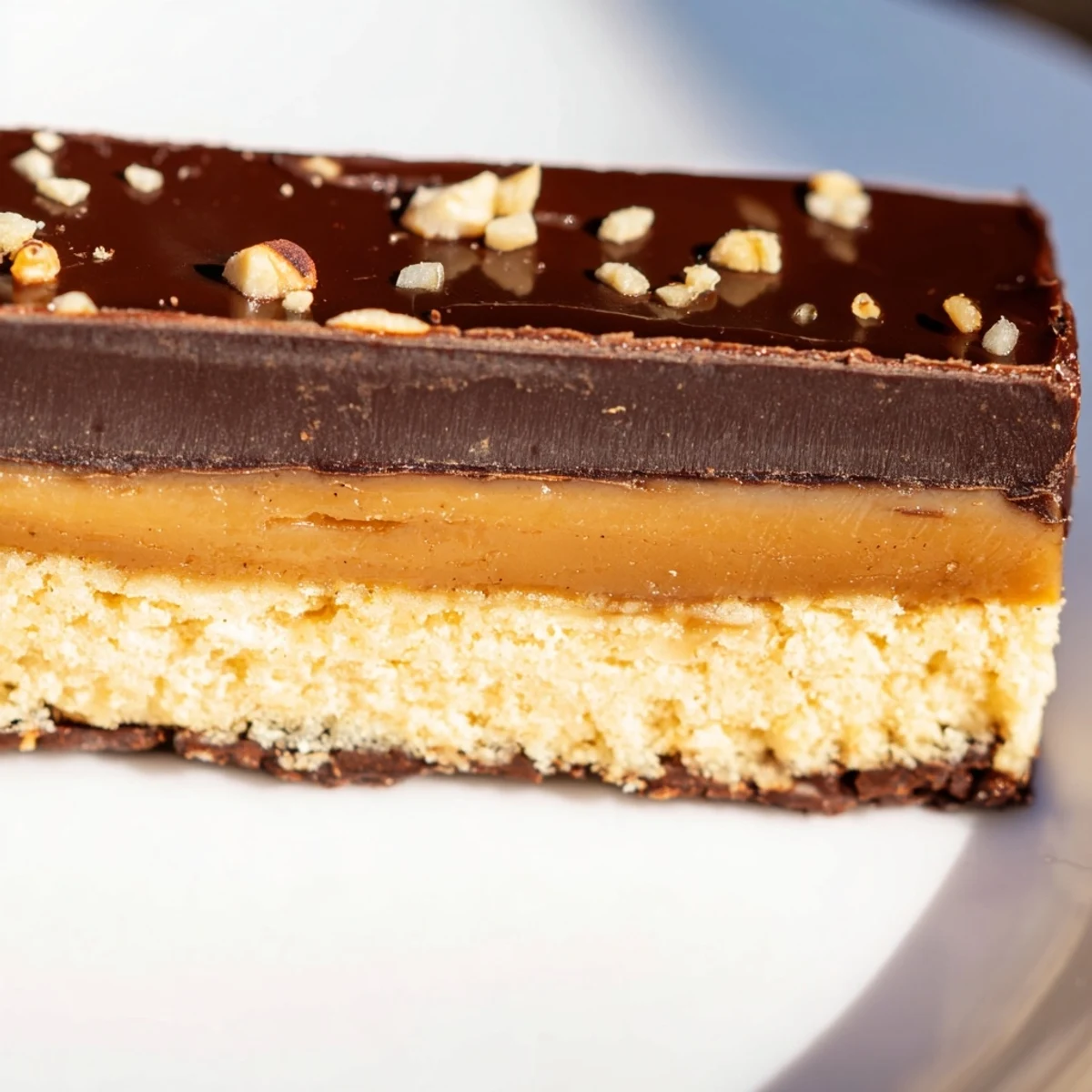 Healthy Twix Bars with glossy chocolate topping and golden caramel layer on wooden board