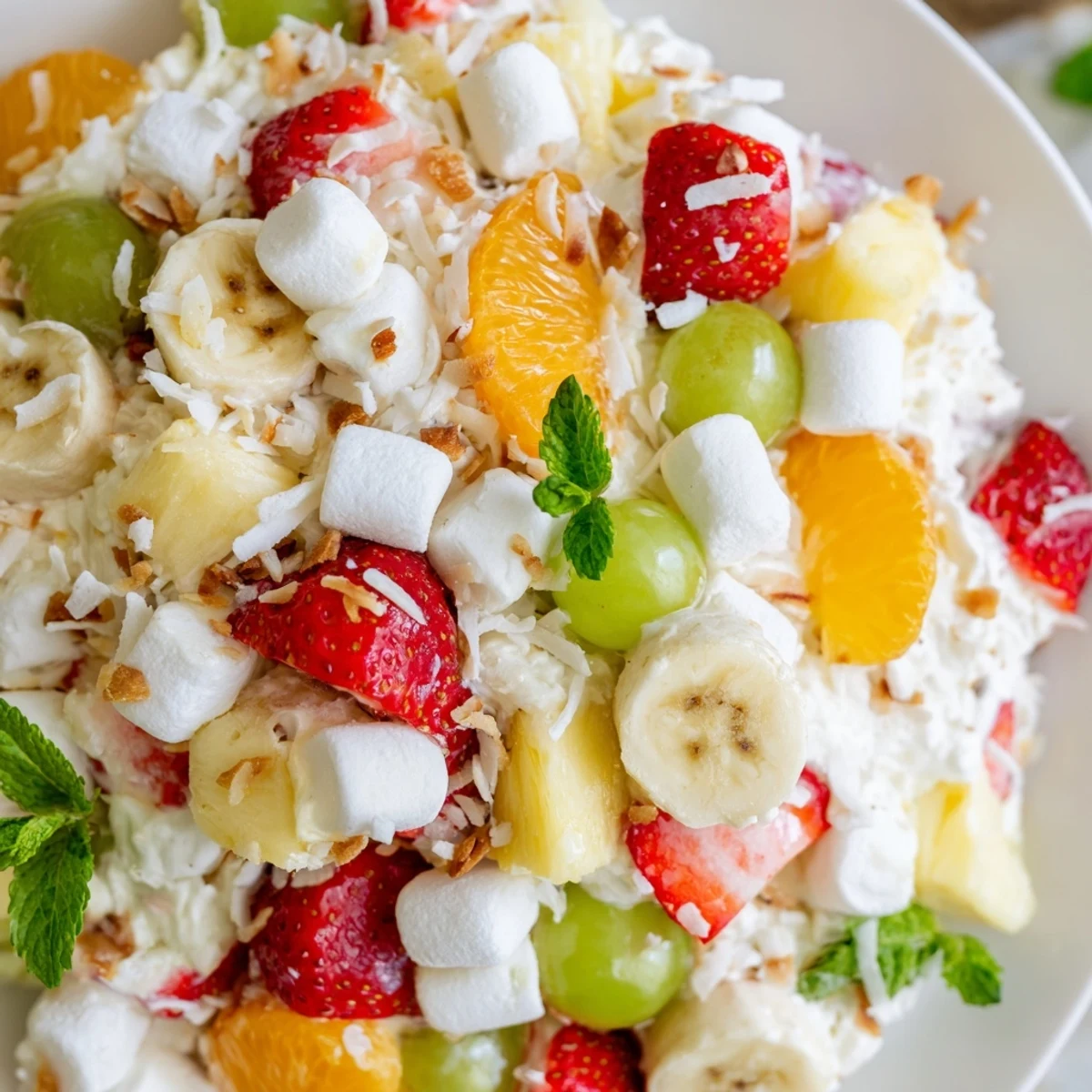 Creamy Hawaiian cheesecake salad loaded with fresh pineapple, strawberries, and tropical fruit chunks