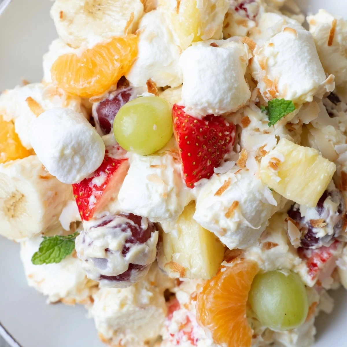 Tropical Hawaiian cheesecake salad served chilled in a glass bowl with toasted coconut garnish