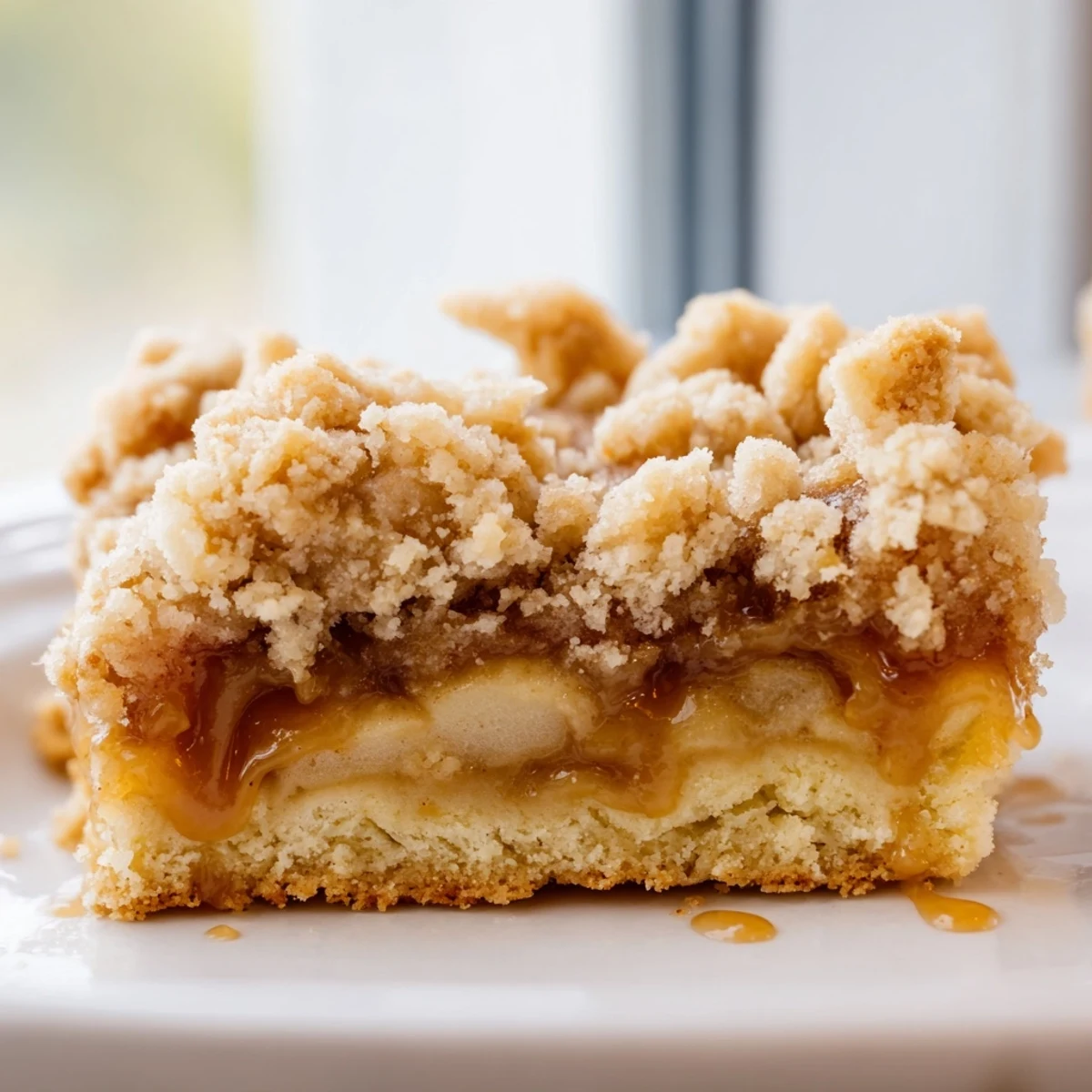 Golden caramel apple crumb bars with buttery streusel topping on a rustic baking sheet