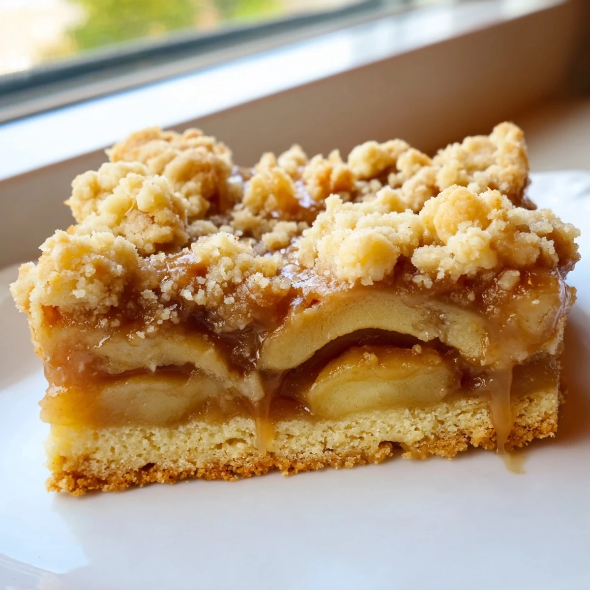 Warm caramel apple crumb bars cut into squares drizzled with extra caramel sauce