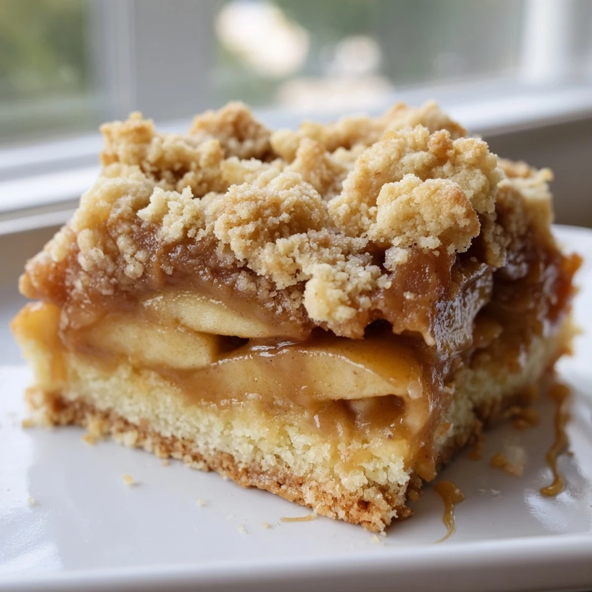 Chewy caramel apple crumb bars layered with cinnamon-spiced apples and a tender shortbread crust