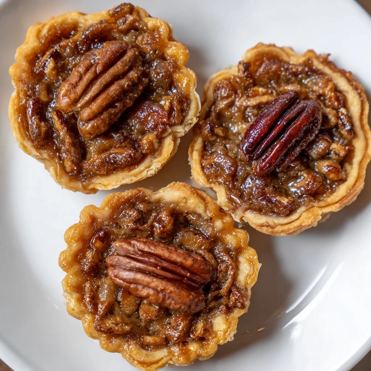 Golden mini pecan pies with caramelized filling, fresh from the oven on a wire rack