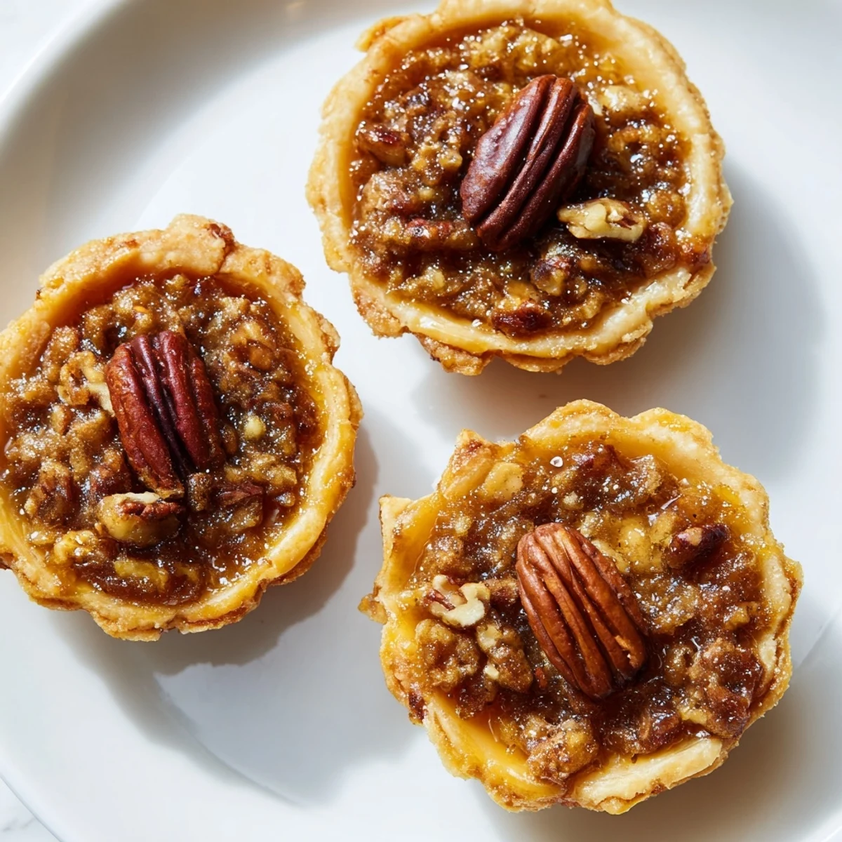Bite-sized mini pecan pies topped with crunchy nuts, arranged on a rustic serving platter