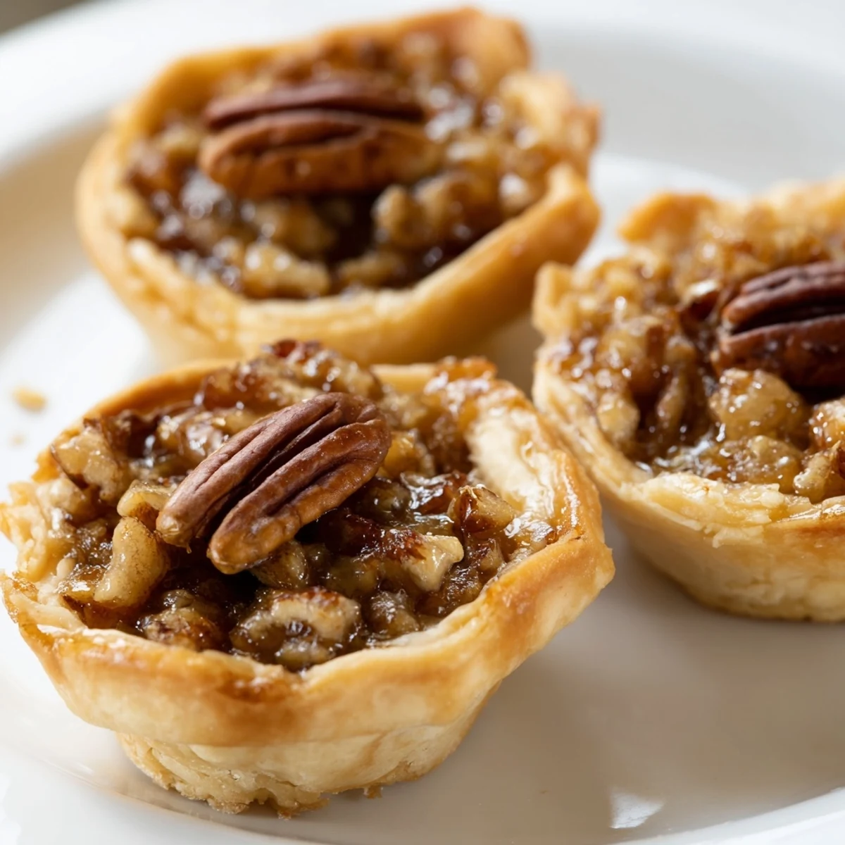Mini pecan pies with gooey brown sugar filling nestled in flaky buttery pastry shells